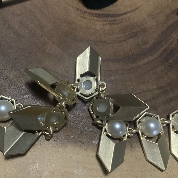 J. Crew Jewelry Gold Stone Statement Bib Necklace Spiky White Pearl Black Ribbon - Picture 2 of 3